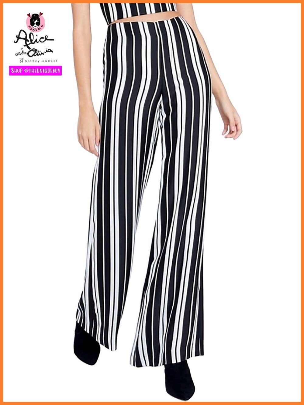 Alice + Olivia Dylan Black White High Waist Wide Leg Stripe Piped Pant